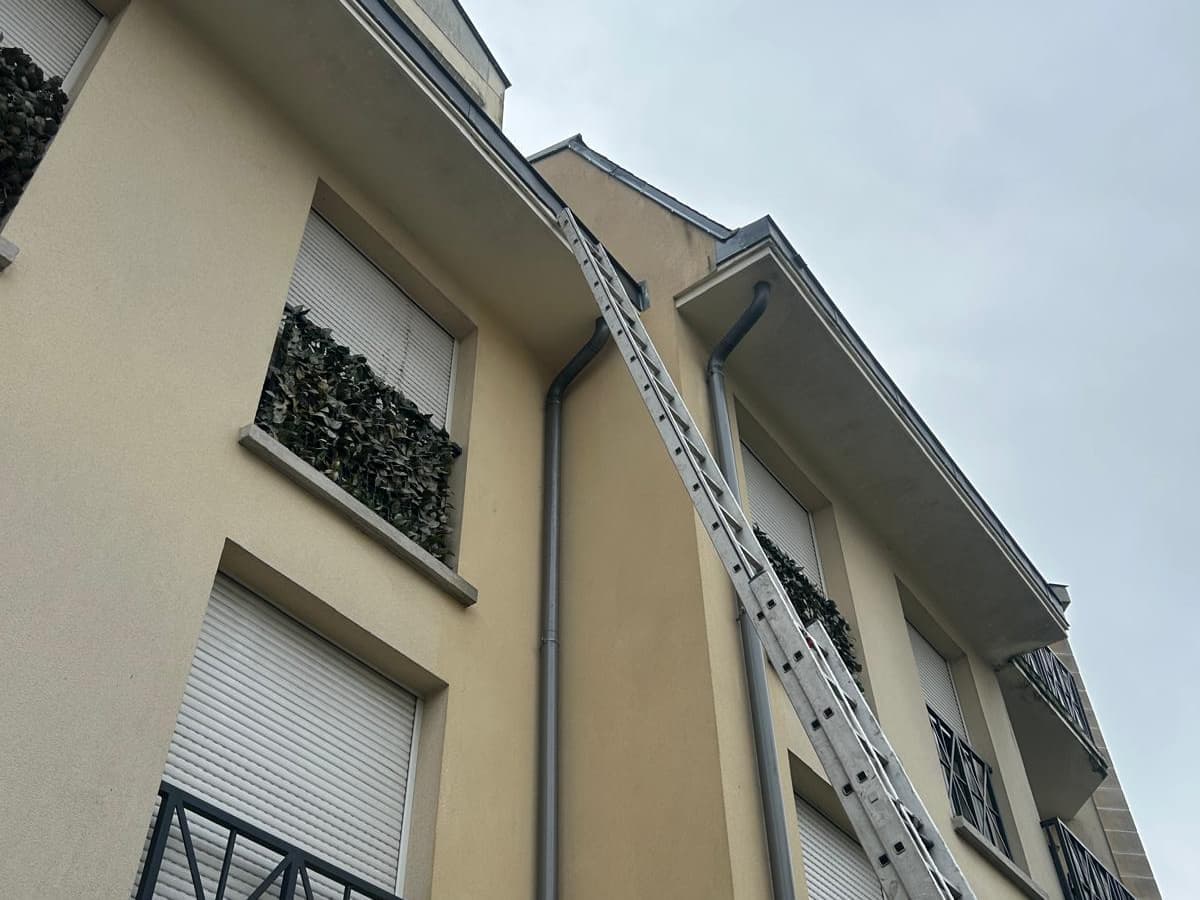 Échelle de couvreur dressée contre la façade d'un immeuble