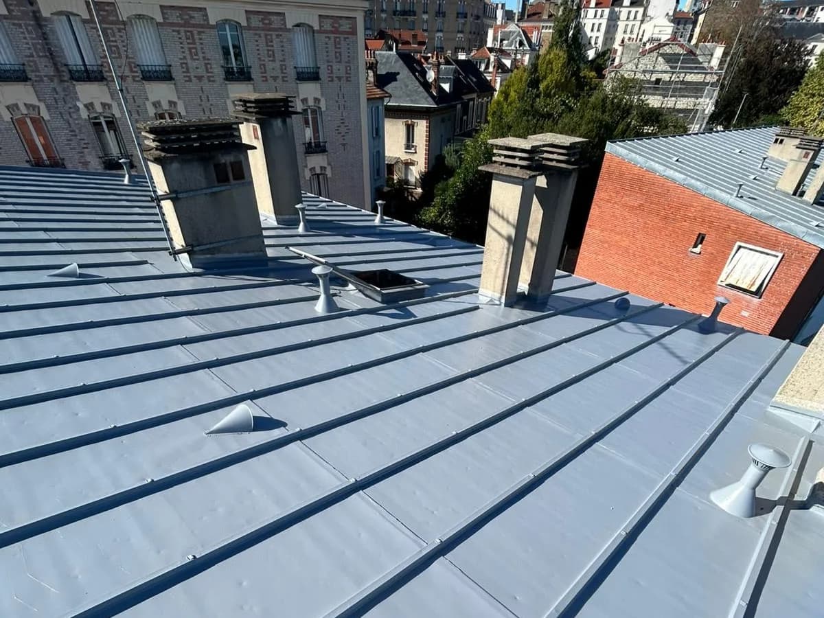 La même toiture en zinc à joint debout une fois reprise, teinte uniforme, sur fond de toits parisiens